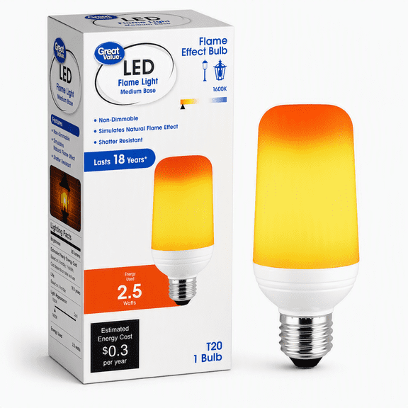 Great Value T20 Cylinder Flame Effect LED Light Bulb, 4 W, E26 Medium Base, 1-Pack