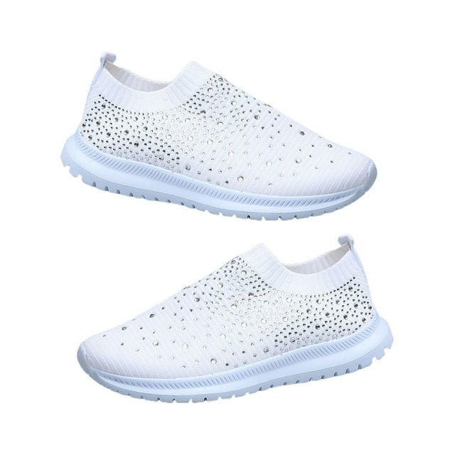 Lady Mesh Sneakers Crystal Shoes Mesh Platform Casual Rhinestone Trainers Breathable Soft Bottom Running Outdoor Walking Ladies White 40