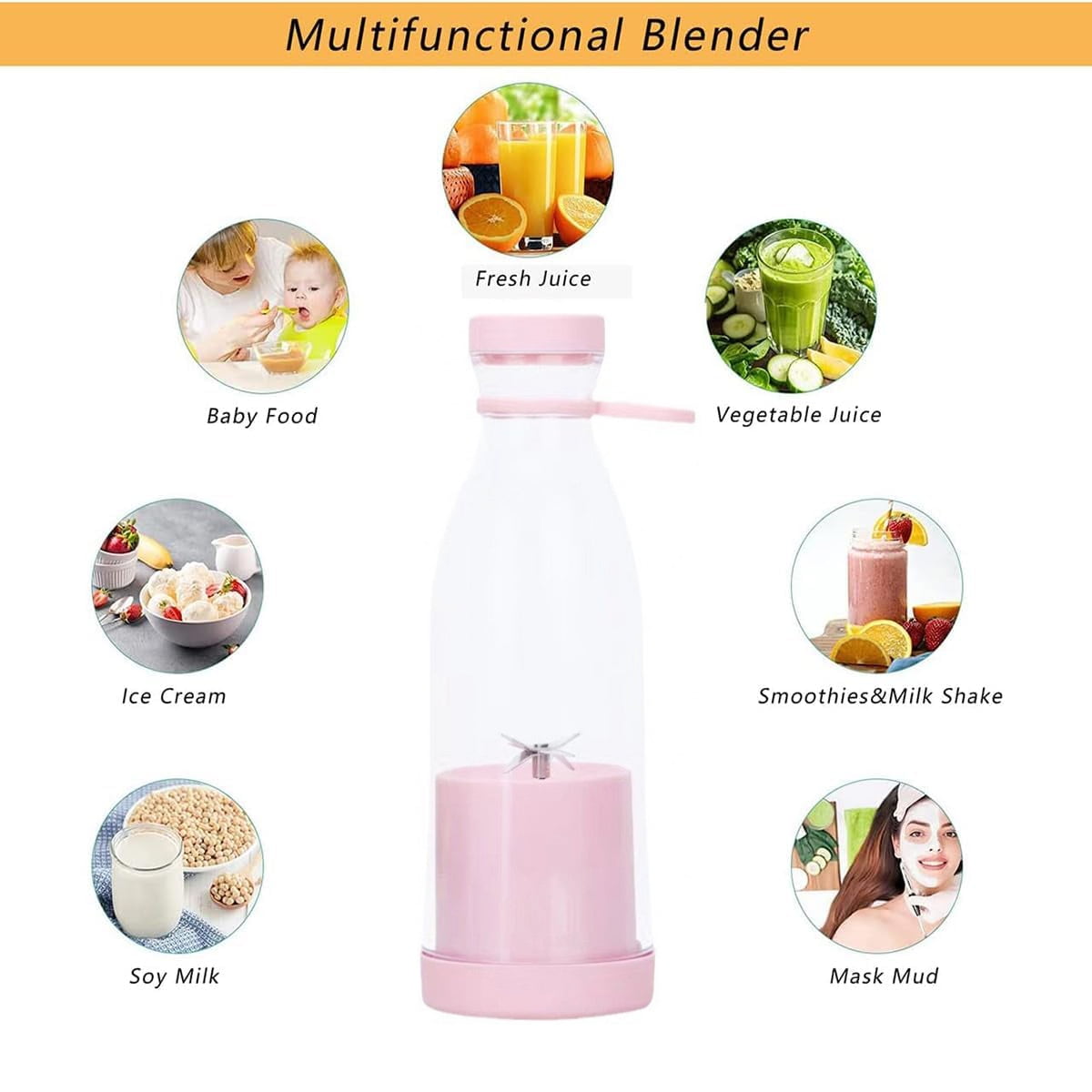 Portable Blender for fresh juices and Smoothies 350ML, Bottle Mini Blender Rechargeable Smoothie Maker with Wireless Charging and Travel Lid, USB Rechargeable Mini Smoothie Maker Pink