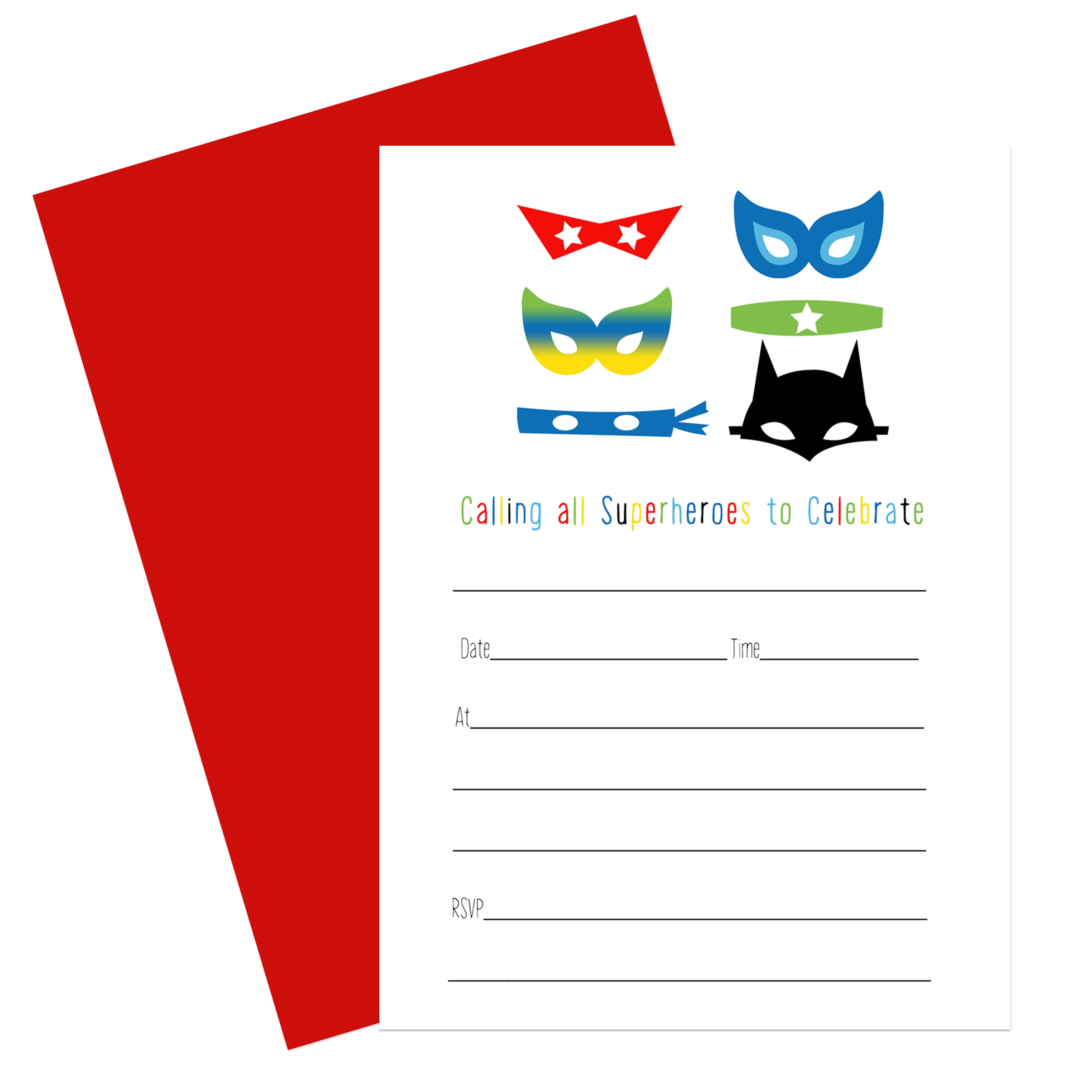 Superhero Invitations with Envelopes Pack of 15 - Personalize Blank Invites for Boys Birthday Superheroes Baby Shower - Mask and Cape Theme Event - Printed 4x6 Size Card Set DIY Paper Clever Party