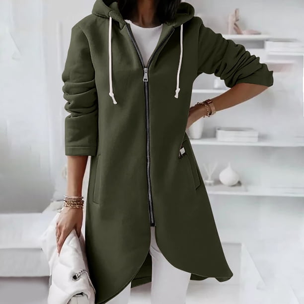 Puntoco Sudadera con Capucha De Color Sólido para Mujer Cremallera Manga Larga Sudaderas Bolsillos Dobladillo Irregular Abrigo Largo Tops Puntoco Puntoco-1