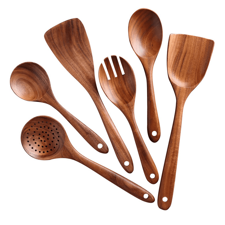 Zulay 6 Piece Teak Wooden Spoons Spatula Non-Stick Kitchen Cooking