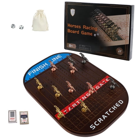 Grhonior Horse Race Board Game Racing Game Thickened Solid Wood with 11 Luxurious Durable Classic Metal Horses with 4 Dice and 2 Boxes of Cards Horse Racing Game (Walnut Color, Oval)