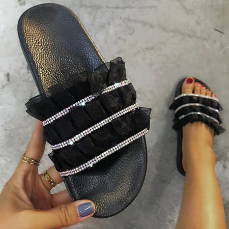 

MRULIC slippers for women Women s Ladies Fashion Casual Lace Crystal Open Toe Outdoor Slippers Beach Shoes house slippers for women Black + US:7.5