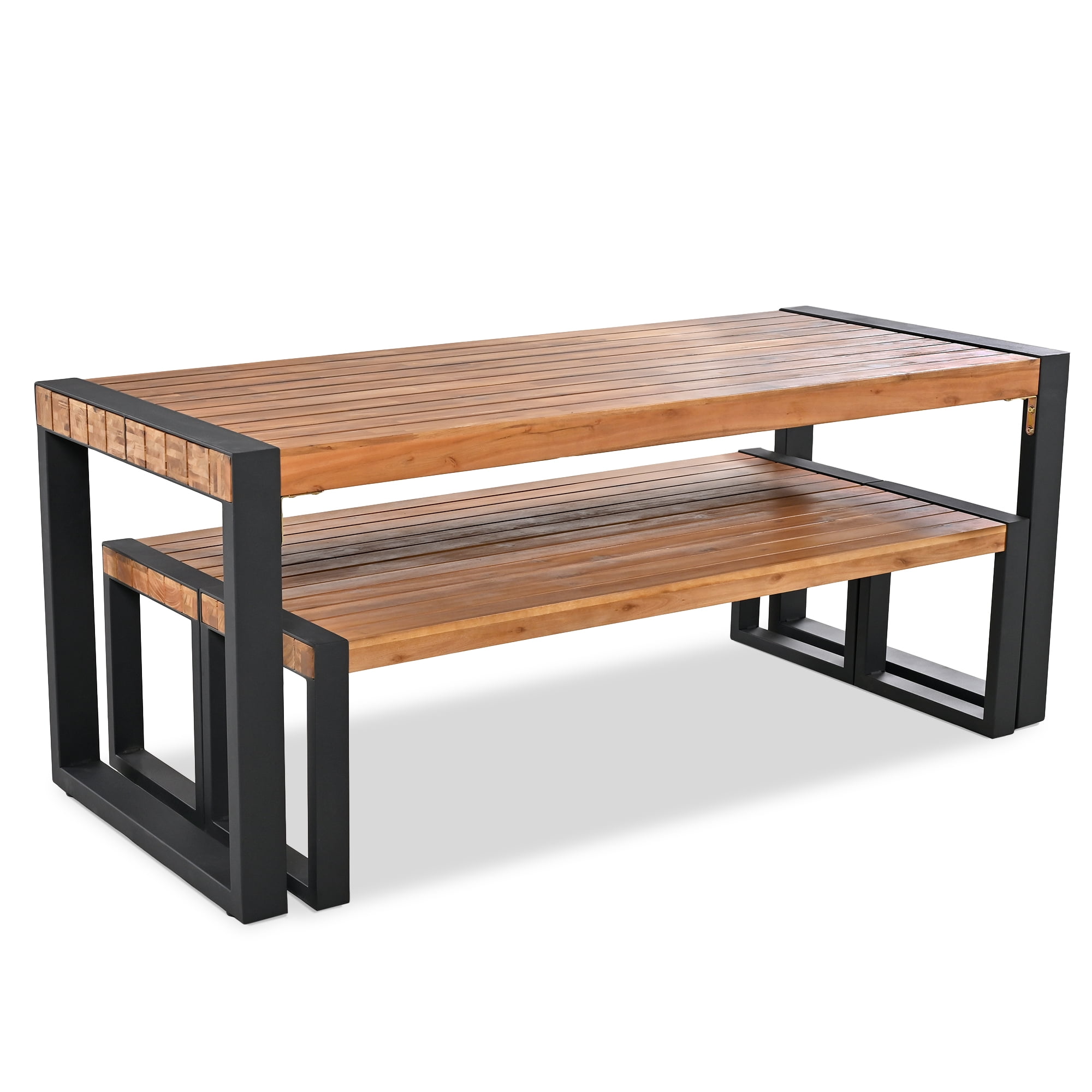 Sturdy 3-Piece Outdoor Acacia Wood Dining Set with Table and 2 Benches, Solid Wood Patio Furniture with Steel Frame for Backyard Garden Deck, Natural Finish