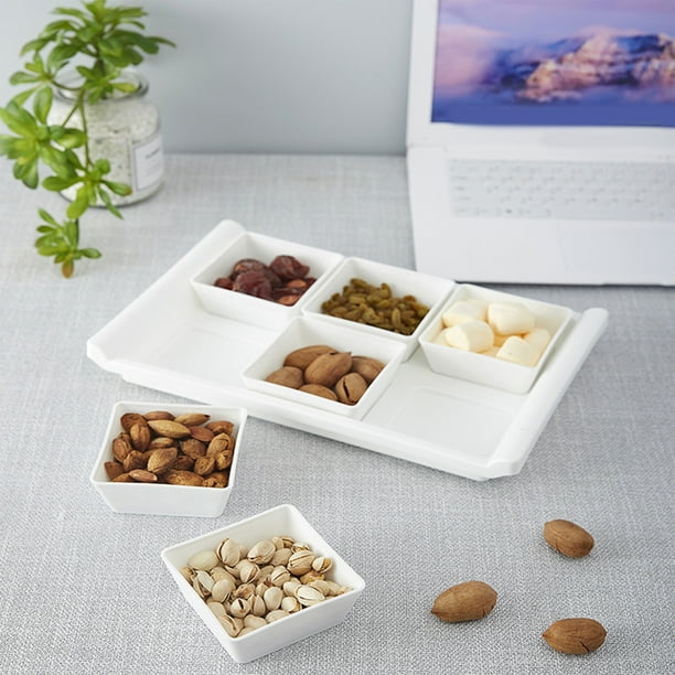 Bandeja versátil para servir frutas y aperitivos con 6 ranuras. Práctico organizador de frutas y aperitivos con múltiples compartimentos. Mantén tu mesa ordenada con una bandeja de plástico fácil de l