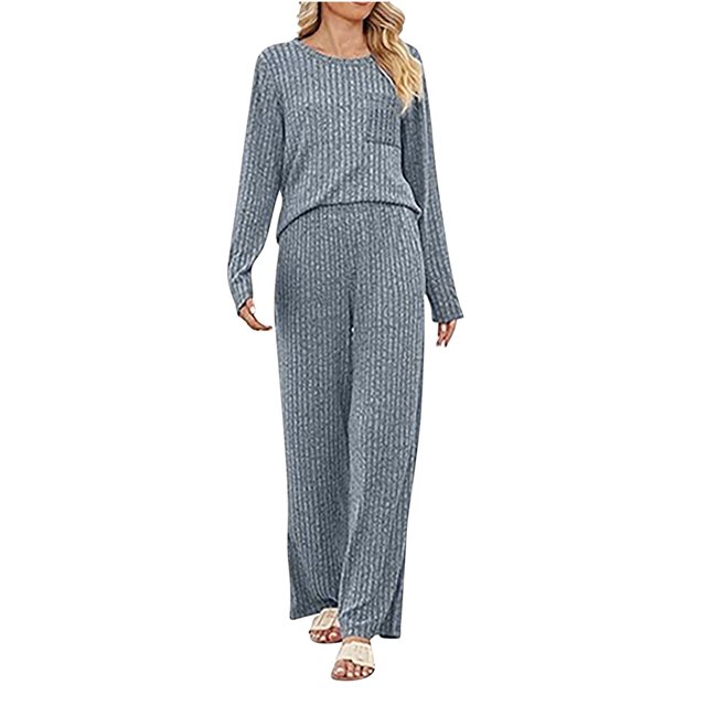 ShomPort 2PC Knit Ribbed Set for Womens Crewneck Long Sleeve Pullover Tees Tops Full Length High Waisted Pants Lightweight Cozy Homewear