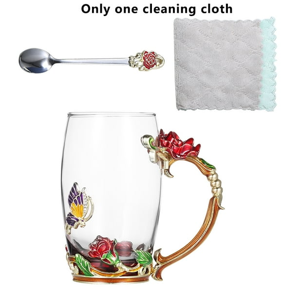 Water Mug Glass Flower Coffee Cup Decoration Gift Milk Tea Cup With Spoon Red Rose 350ml Walmart Com Walmart Com