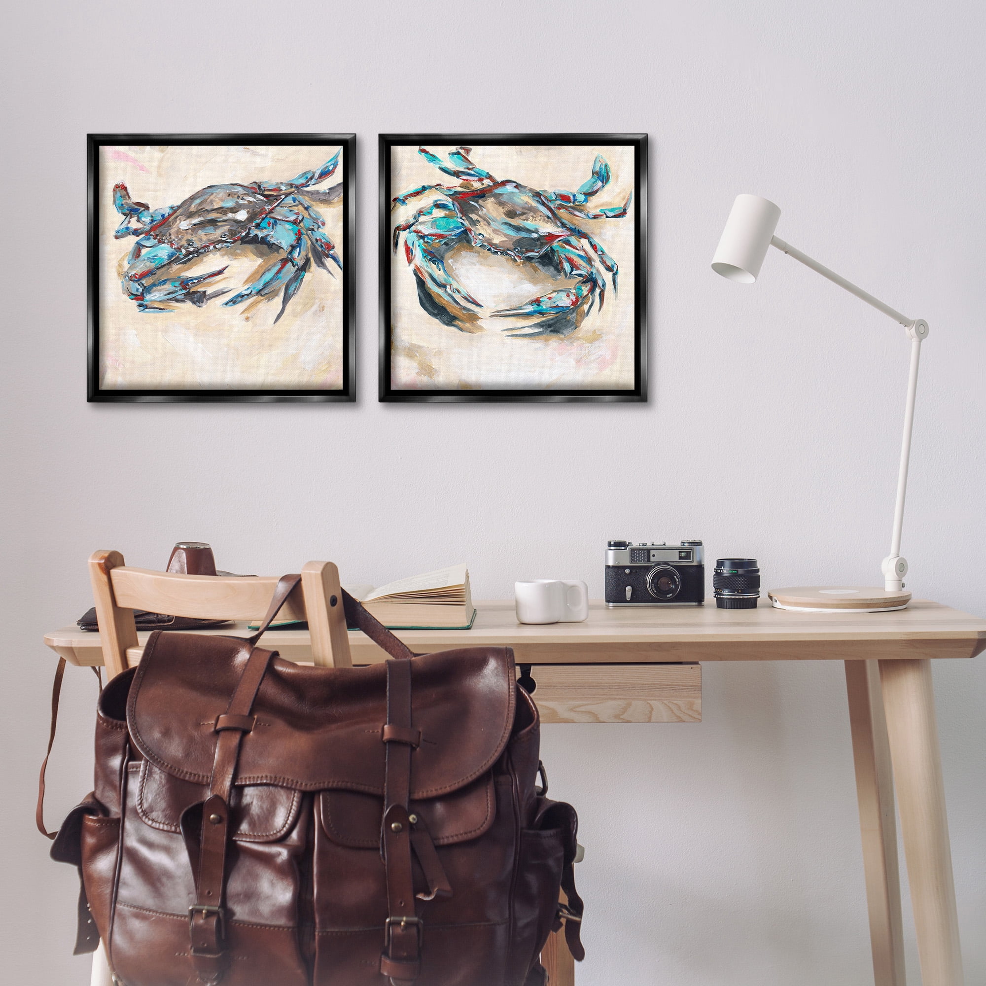 Stupell Industries Blue Crabs on Sand Animals & Insects Painting Black Floater Framed Canvas Art Print Wall Art, 18 x 18, Set of 2