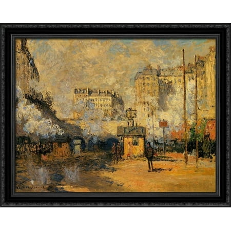 Saint-Lazare Station, Sunlight Effect 36x28 Large Black Ornate Wood Framed Canvas Art by Claude Monet