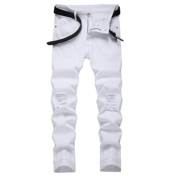 Styesk Men's Pants Men's Ripped Jeans Zipper Wash Elastic Trend Outdoors Denim Trousers