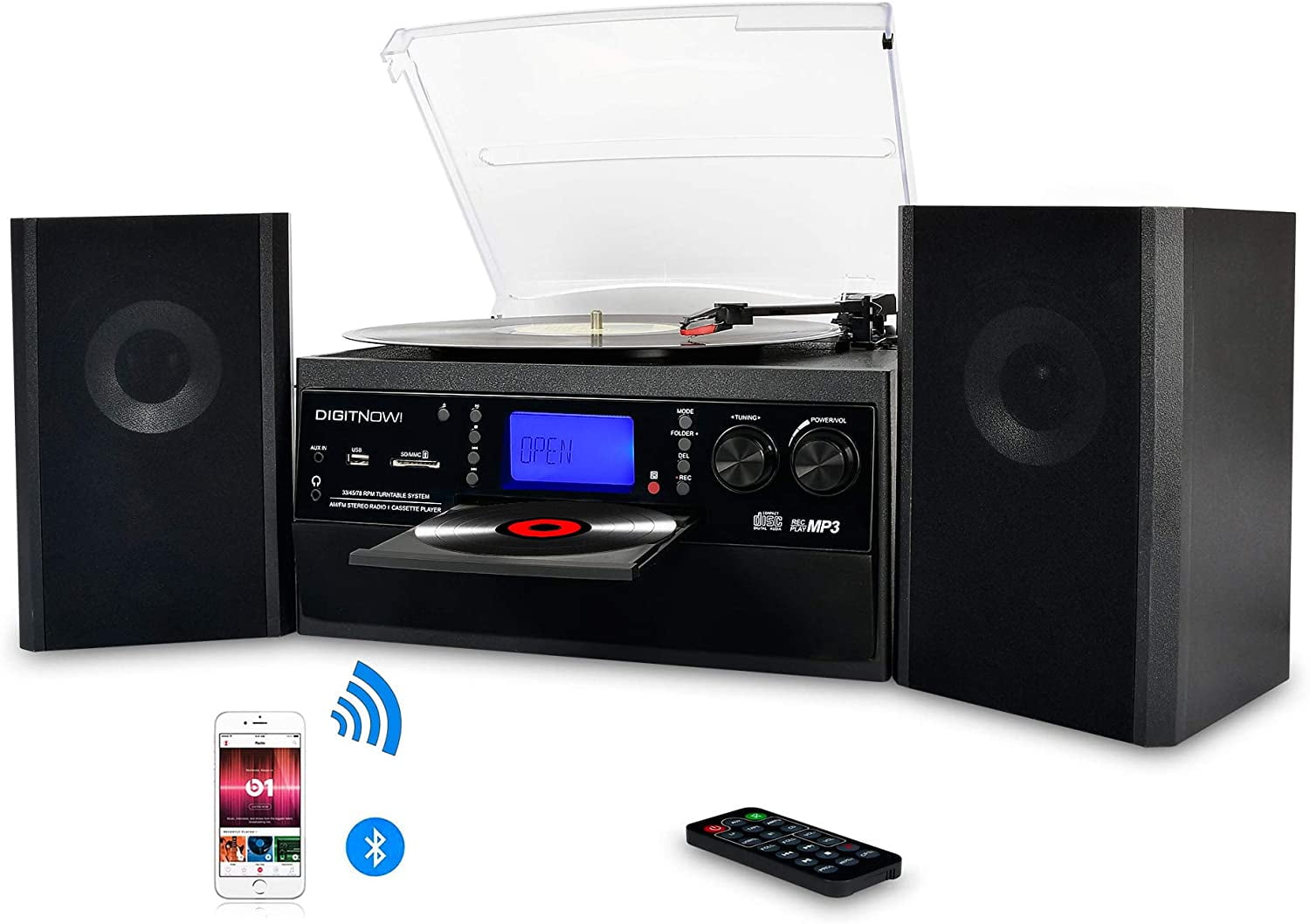 Audio Music Player Built in Amplifier Bluetooth Record Player Turntable with Stereo Speaker Cassette Aux in and USB / SD Encoding Remote Control LP Vinyl to MP3 Converter with CD Radio 