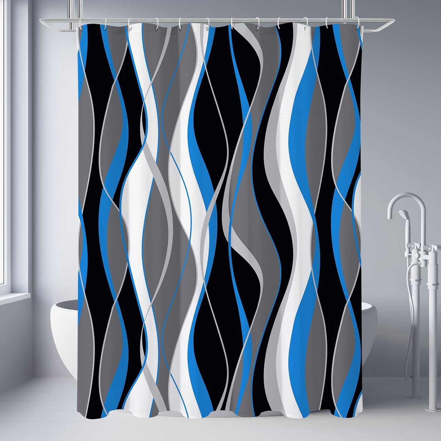 Abstract Blue Shower Curtain, Black and Grey Modern Bathroom Decor Accessories, Waffle Weave Textured Fabric Shower Curtain Set with Hooks, 72x72