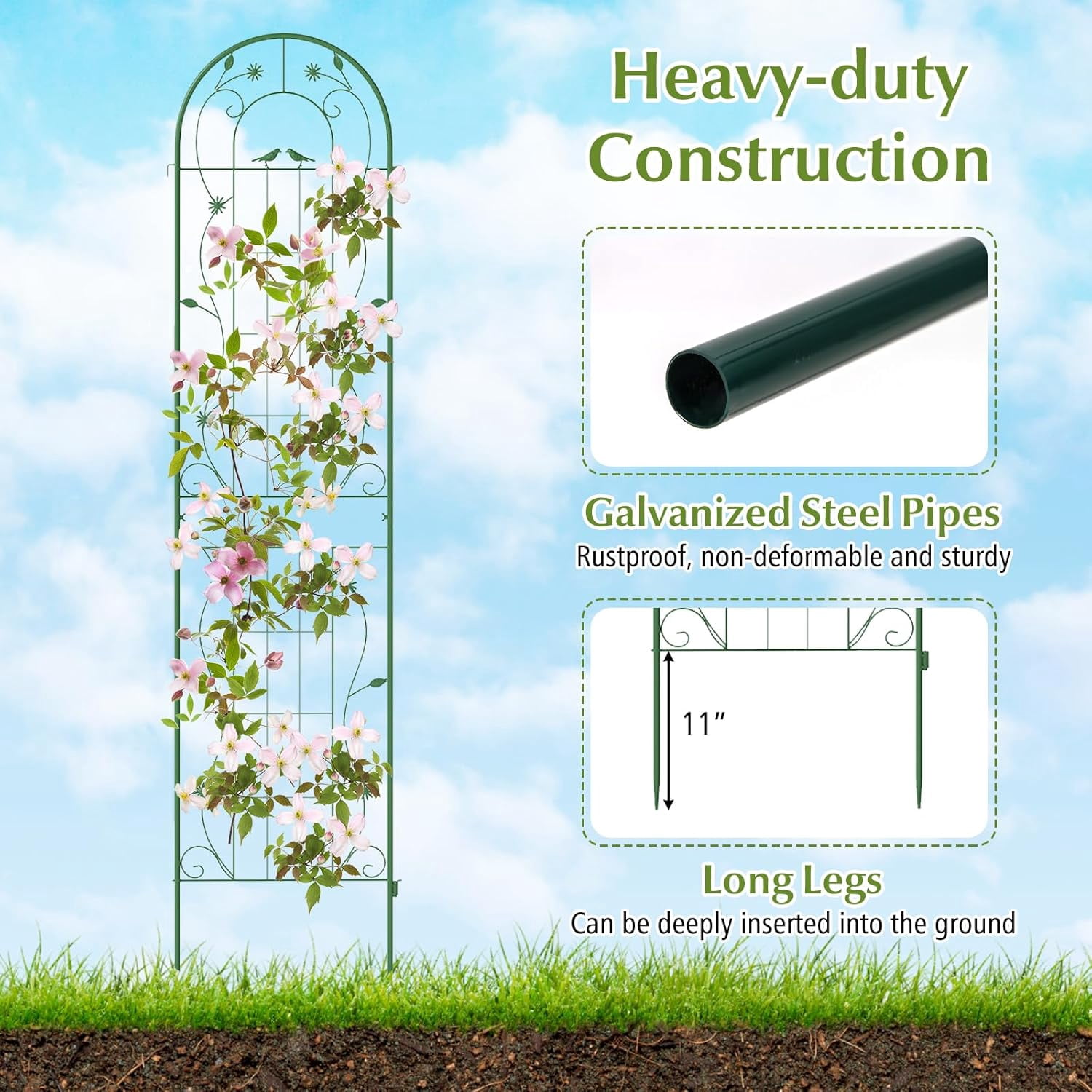 CHTER 2 Pack Garden Trellis, 7.2 FT Tall Galvanized Steel Trellis for Climbing Plants Outdoor for Patio Lawn Wall Decor, Plant Trellis for Vine Cucumber Tomato Flower Clematis Roses, Green