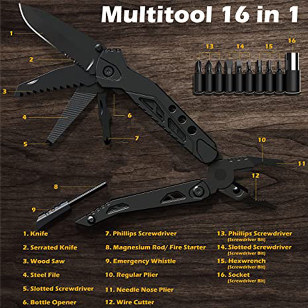 Kepooman Multifunctional Multitool 16 in 1 Portable Multitool Knife for Outdoor & Camping & Fishing, Black