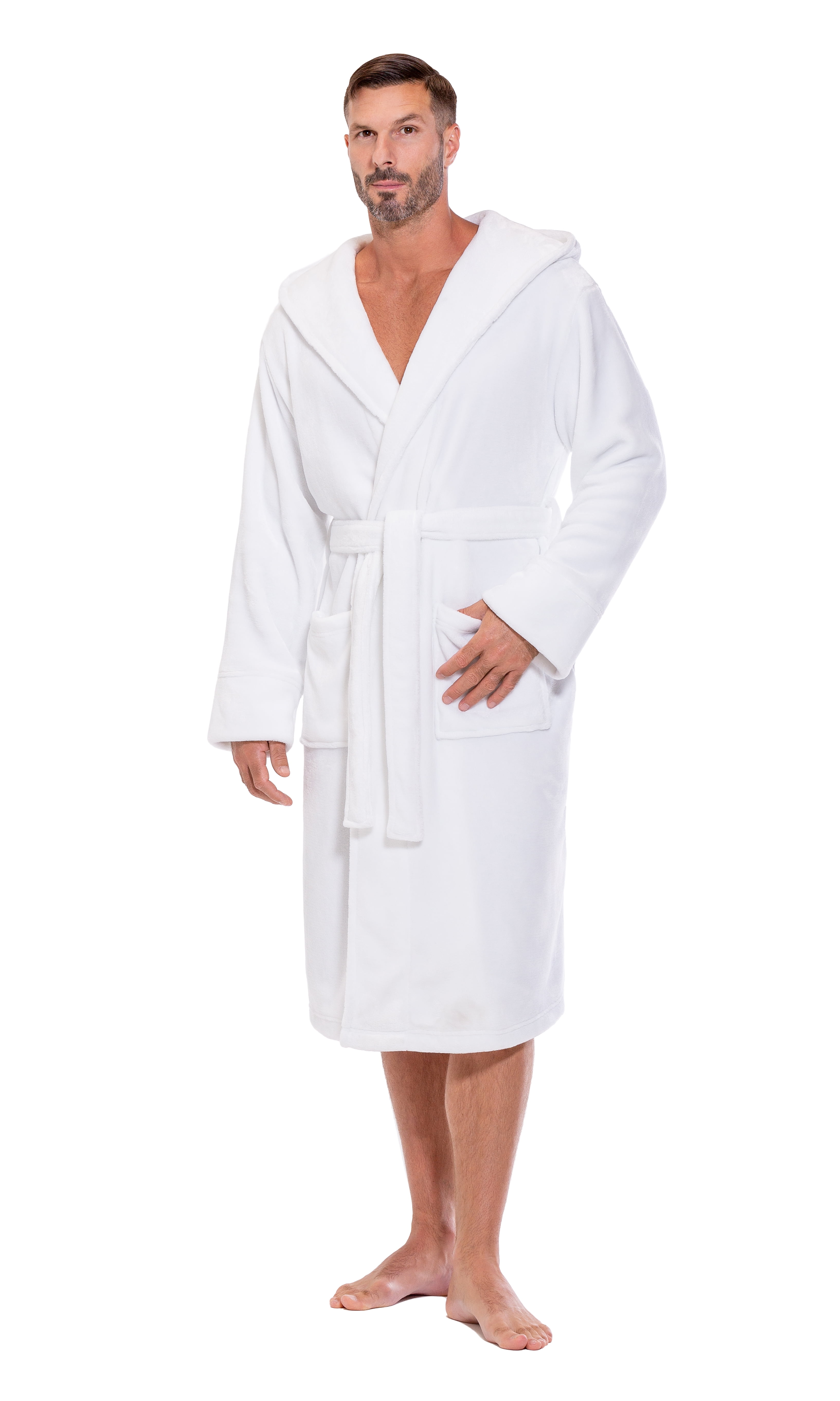 Plush Robes For Men, Soft Fuzzy Hooded Mens Bathrobes , Long Comfy Robe