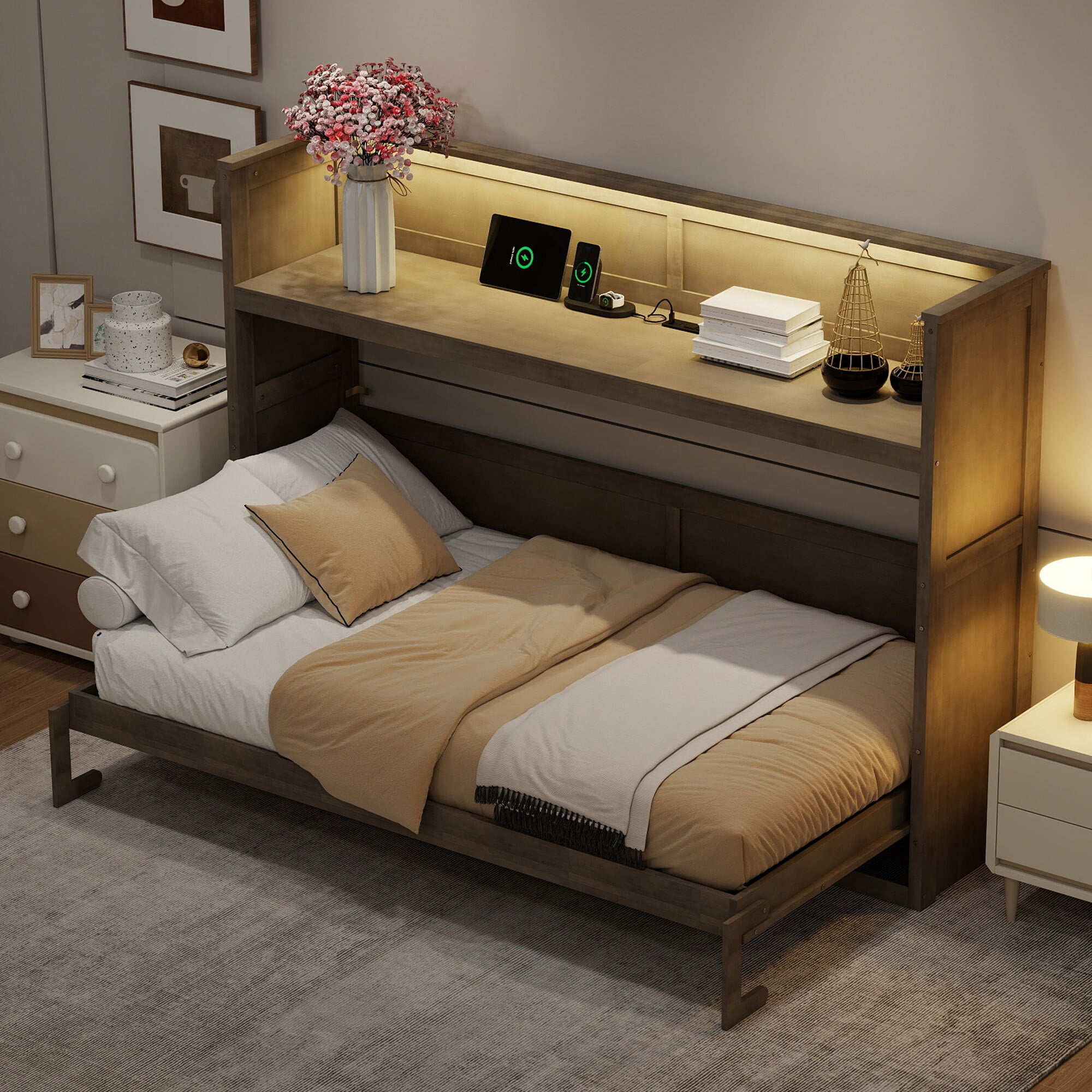 Euroco Wood Twin XL Murphy Bed with Desk and LED Light, Storage Wall Bed with USB Charging Station