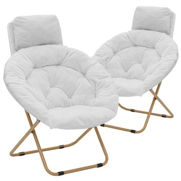 2 Pack Saucer Chair with Pillow, Faux Fur Folding Accent Chair with Metal Frame, Lounge Moon Chair for Bedroom Living Room,   White Seat/ Gold Stand