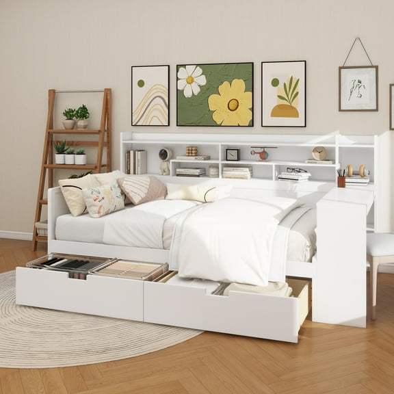 Wooden Twin Size Daybed with Storage Shelves, Multi-functional Bed with Two Storage Drawers and Study Desk, Antique White