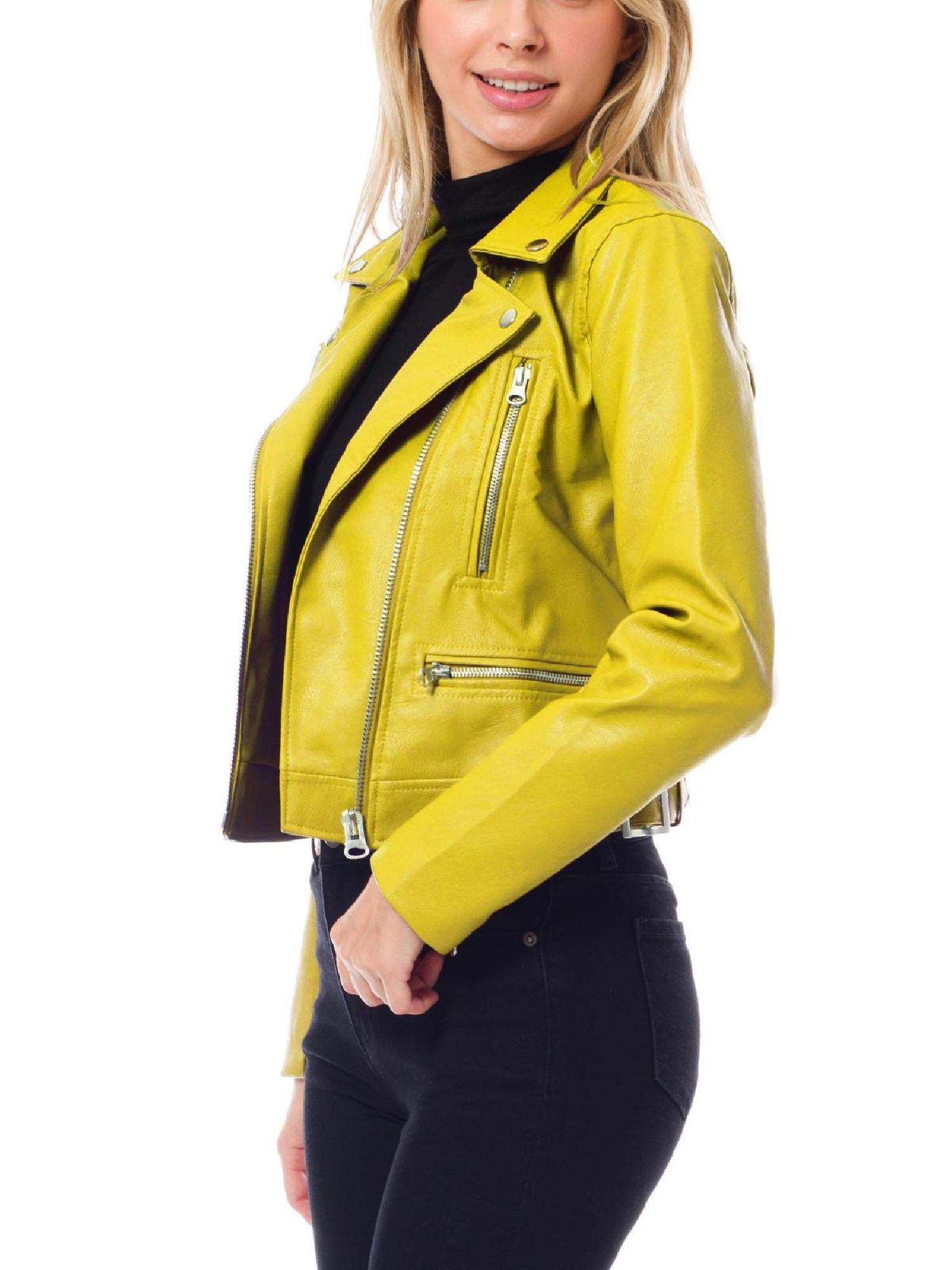 MixMatchy Women's Faux Leather Long Sleeve Zipper Closure Moto Biker Short Coat Jacket