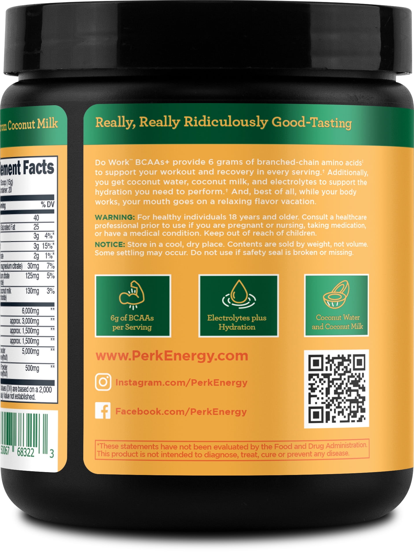 Perk Do Work BCAA + Hydration Electrolytes Powder (Tropical Vanilla Créme) 20 Servings - with Coconut Water & Coconut Milk, Gluten-Free, Soy-Free
