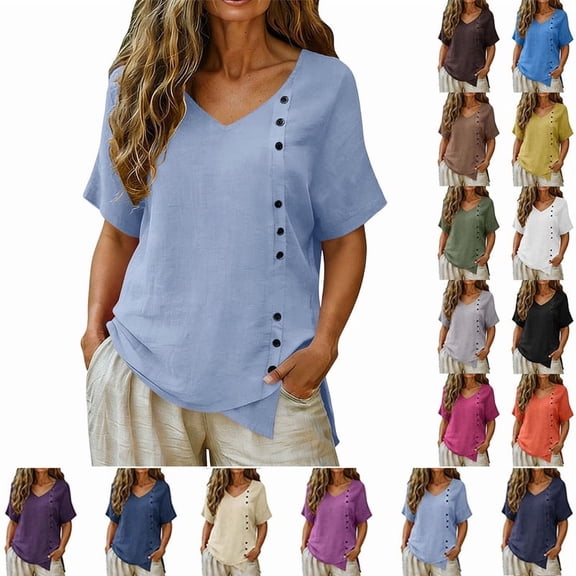 Smsaxvxz Womens Summer Cotton Linen Tops Fashion V Neck Short Sleeve Button Down Shirts Casual Solid Loose Irregular Hem Blouse