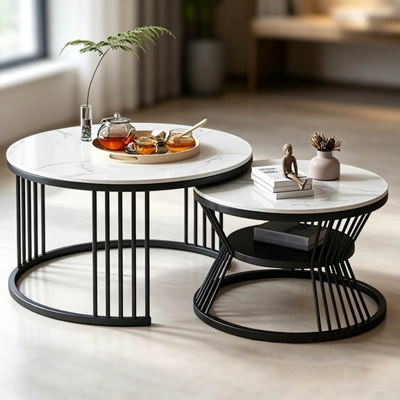 Zehiseta Round Nesting Coffee Table Set, Stain Proof Stone Tabletop Black Metal Frame Living Room Accent Table