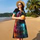 thumbnail image 4 of Balery Neon Spectrum Cat Portrait Vestidos sueltos de manga corta para mujer, vestidos de verano 2025, vestidos casuales de corte A con vuelo., 4 of 6