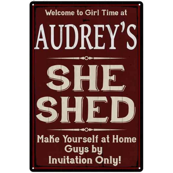 AUDREY'S She Shed Sign Red Wall Shack Decor Lady Cave 8 x 12 Matte Finish Metal 108120088176