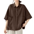 thumbnail image 2 of Endives Womens Cotton Linen Shirt Half Sleeve Button Down Shirt Lapel Loose Casual Versatile Shirt Trendy Coffee, 2 of 6