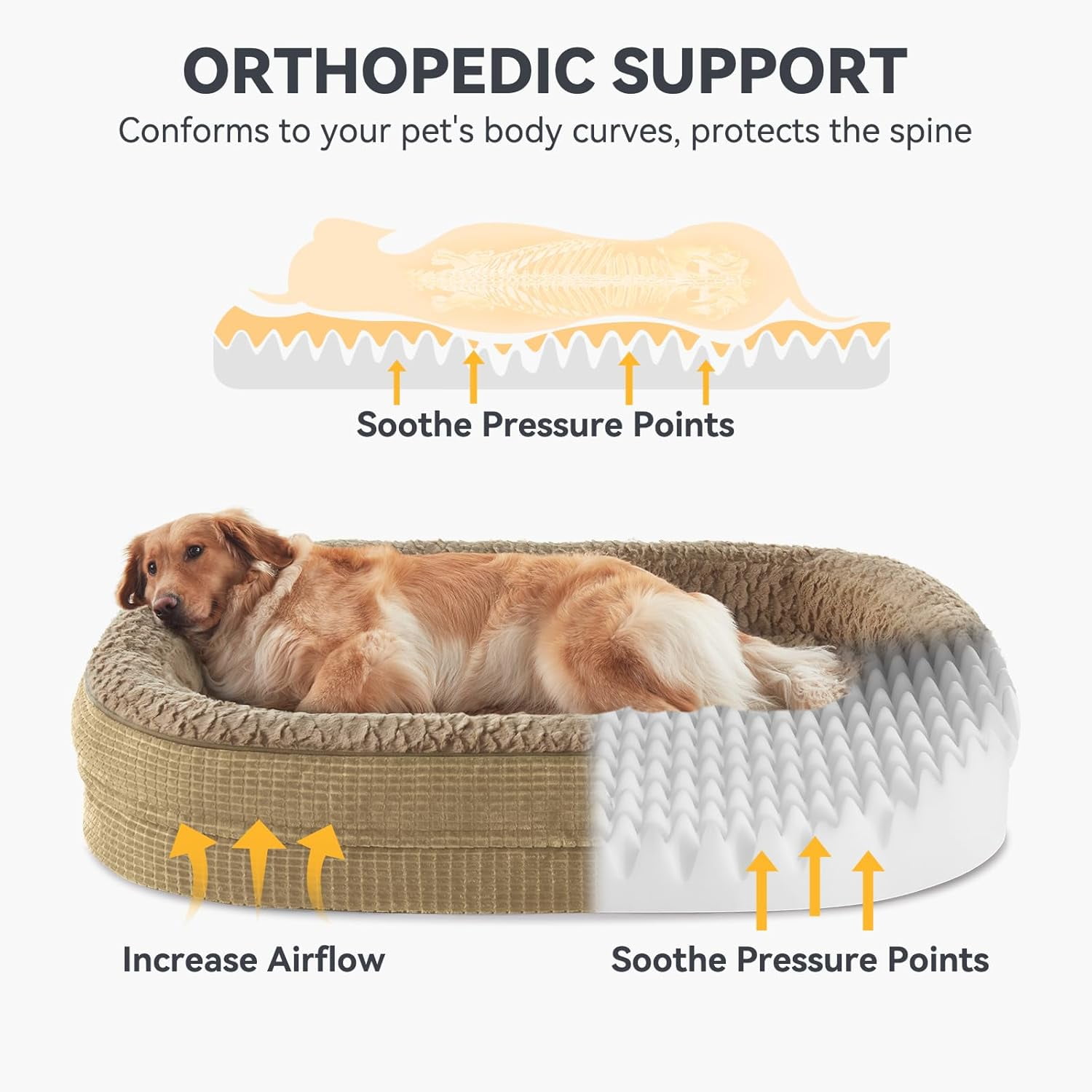 Orthopedic Dog Bed for Medium Dogs, Egg-Crate Memory Foam Pet Bed with Bolster Sides, Waterproof Lining, Removable Washable Cover & Non-Slip Bottom, Light Brown