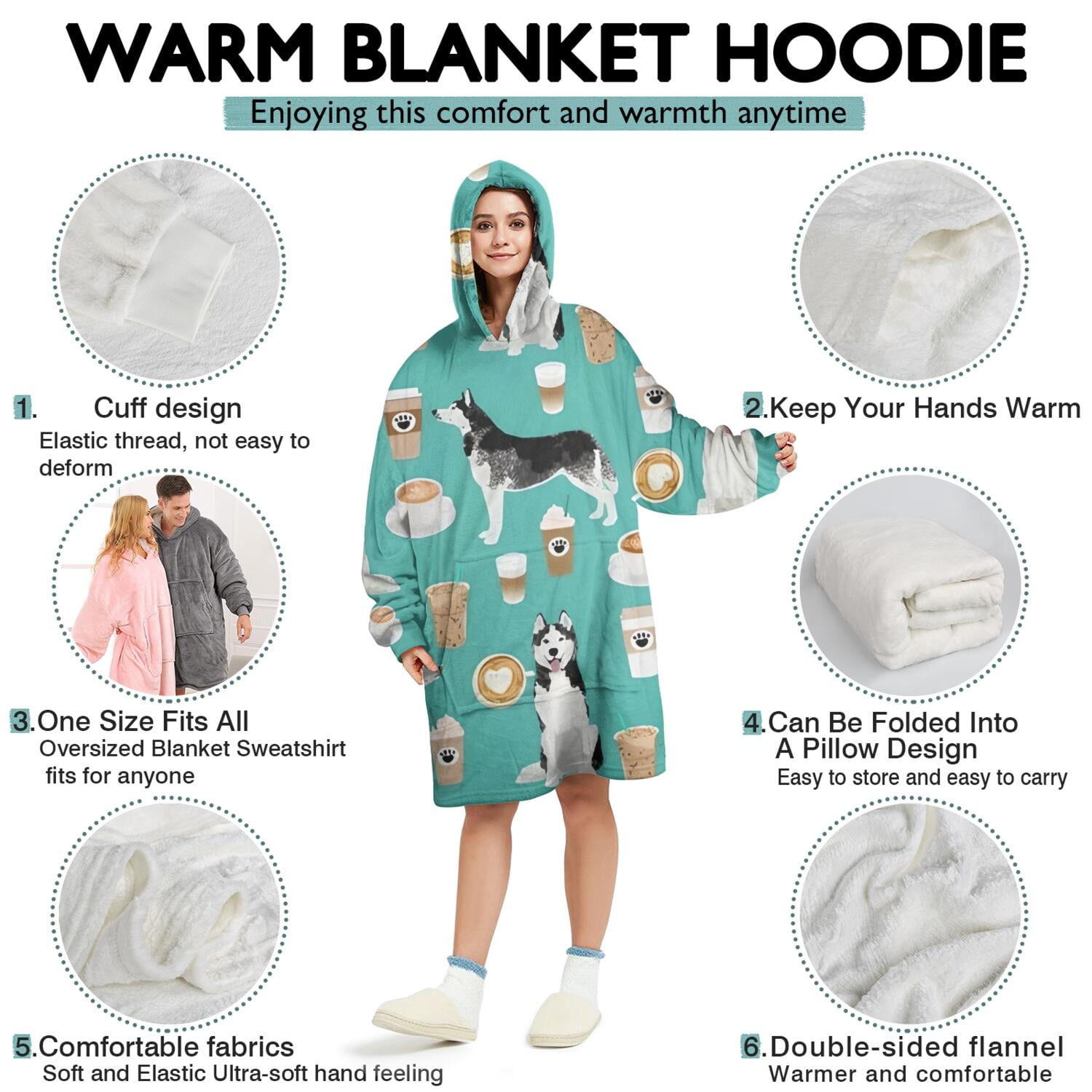 Husky and Coffee Wearable Oversized Blanket,Wearable Blanket Hoodie for Adults,Cozy Hooded Blankets with Super Pockets,Super Warm Fuzzy Pullover for Women & Men