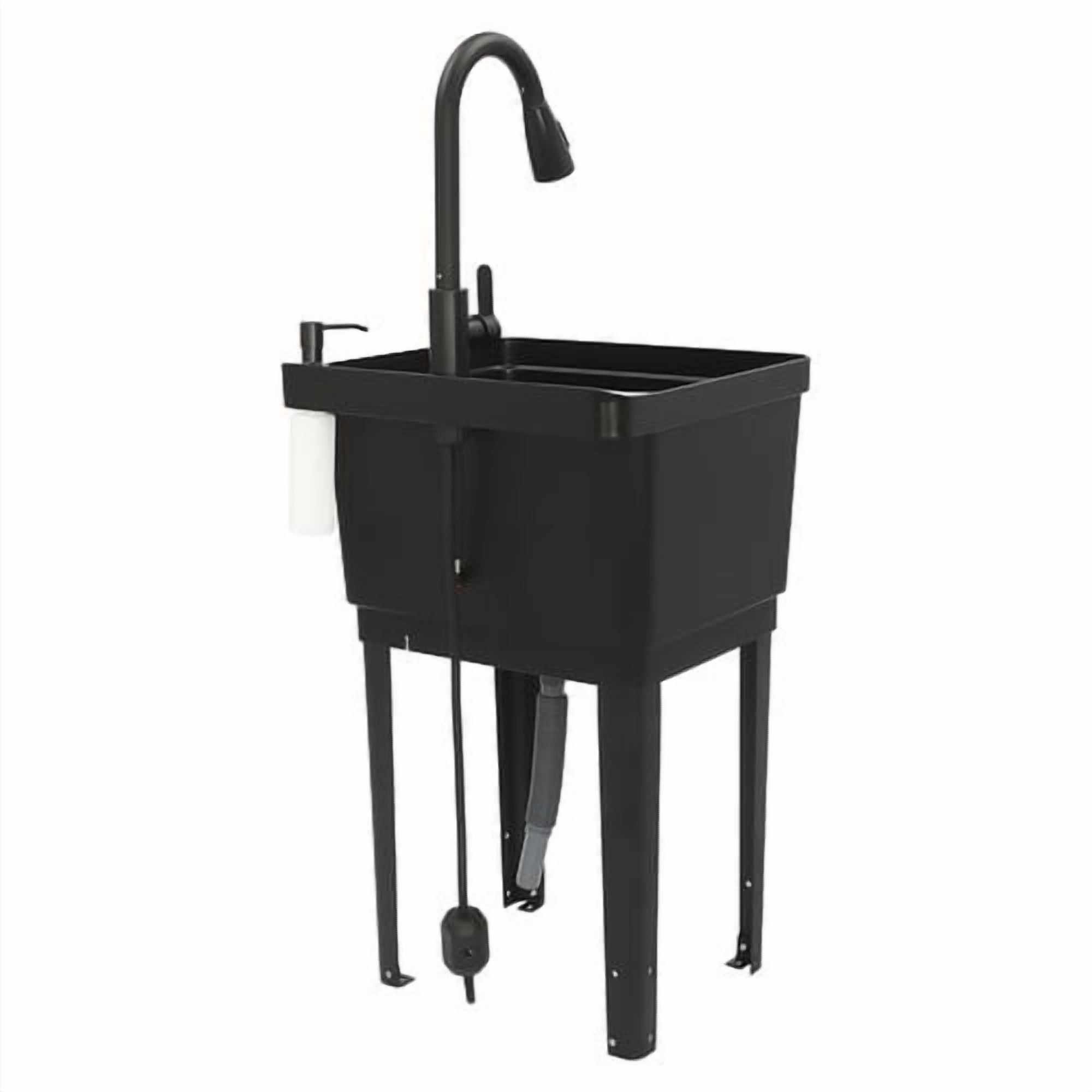 Utility Sink with 360° Rotatable Faucet & Pull Out Sprayer 19.6" L x 19" W x 35" H Freestanding Laundry Tub Sink Single Bowl Kitchen Sink for Laundry Room Bathroom Farmhouse (Black)