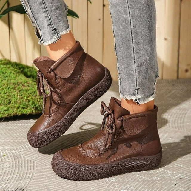 Amzcrzy Bottes à la Cheville pour Femmes Bottes de Mode Décontractées pour Femmes de Printemps et Bottines Courtes Couleur Unie Bout Rond à Lacets Confortables Semelle Souple Plates Bottes à la Cheville Bottines pour Femmes Bottes pour Femmes Bottines pour Femmes