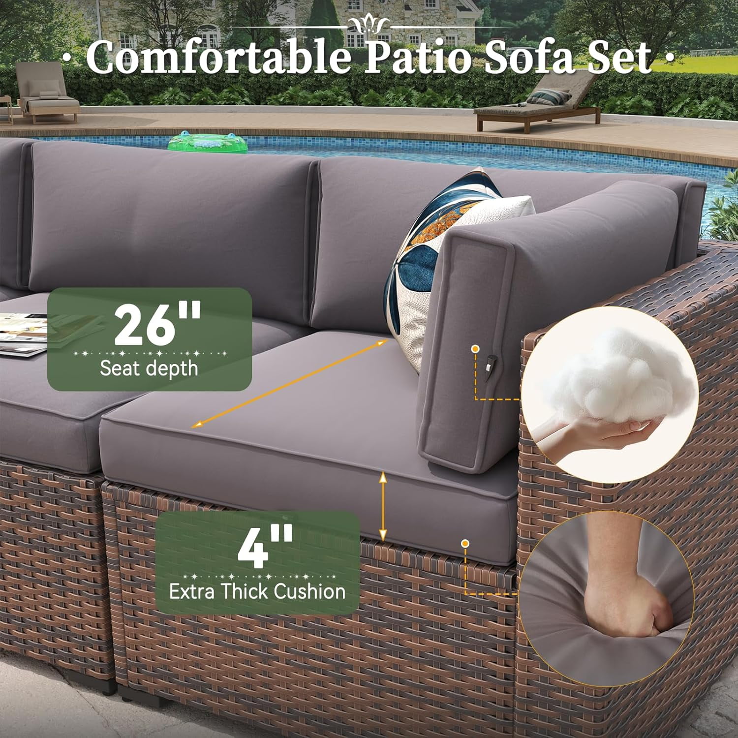 Aoxun 7 Piece Patio Furniture Set Wicker Rattan Patio Conversation Set Outdoor Sectional Sofa Set with Coffee Table and 4” Thickened Cushions, Gray(Waterproof Cover Included)