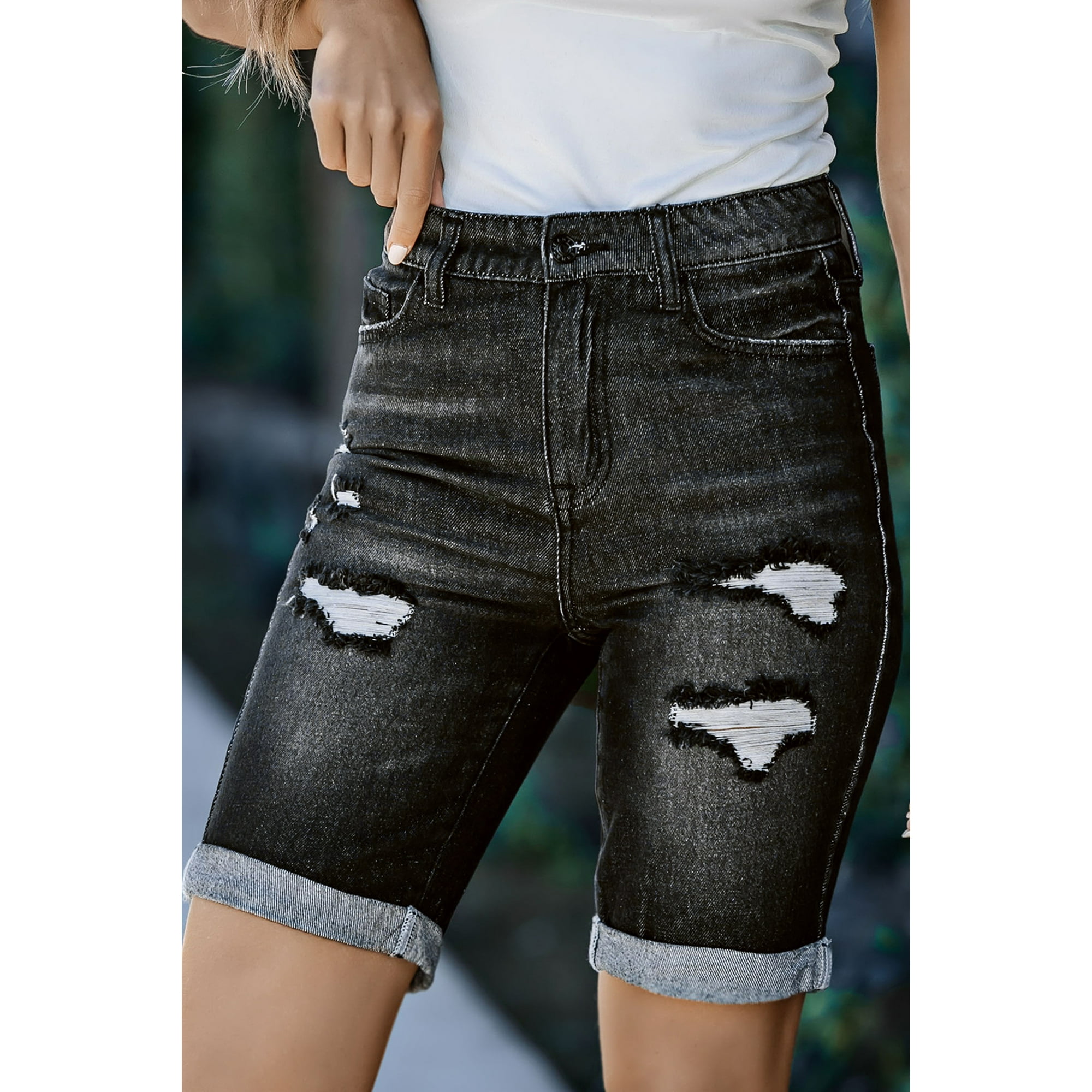 【AAKE】ROLL-UP BERMUDA DENIM POGLIP Women's Black Roll-up Distressed Bermuda Denim Shorts