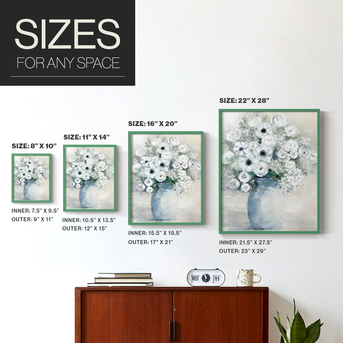 White Anemone Bouquet Framed Print in Green Solid Wood 11 x 14 Framed Print