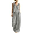 thumbnail image 2 of Mifsaly Two Piece Linen Sets for Women Sleeveless Pleated V Neck Top and Flowy Long Pants with Pockets Dressy Casual Summer Travel Vacation Outfits Gray,M, 2 of 8