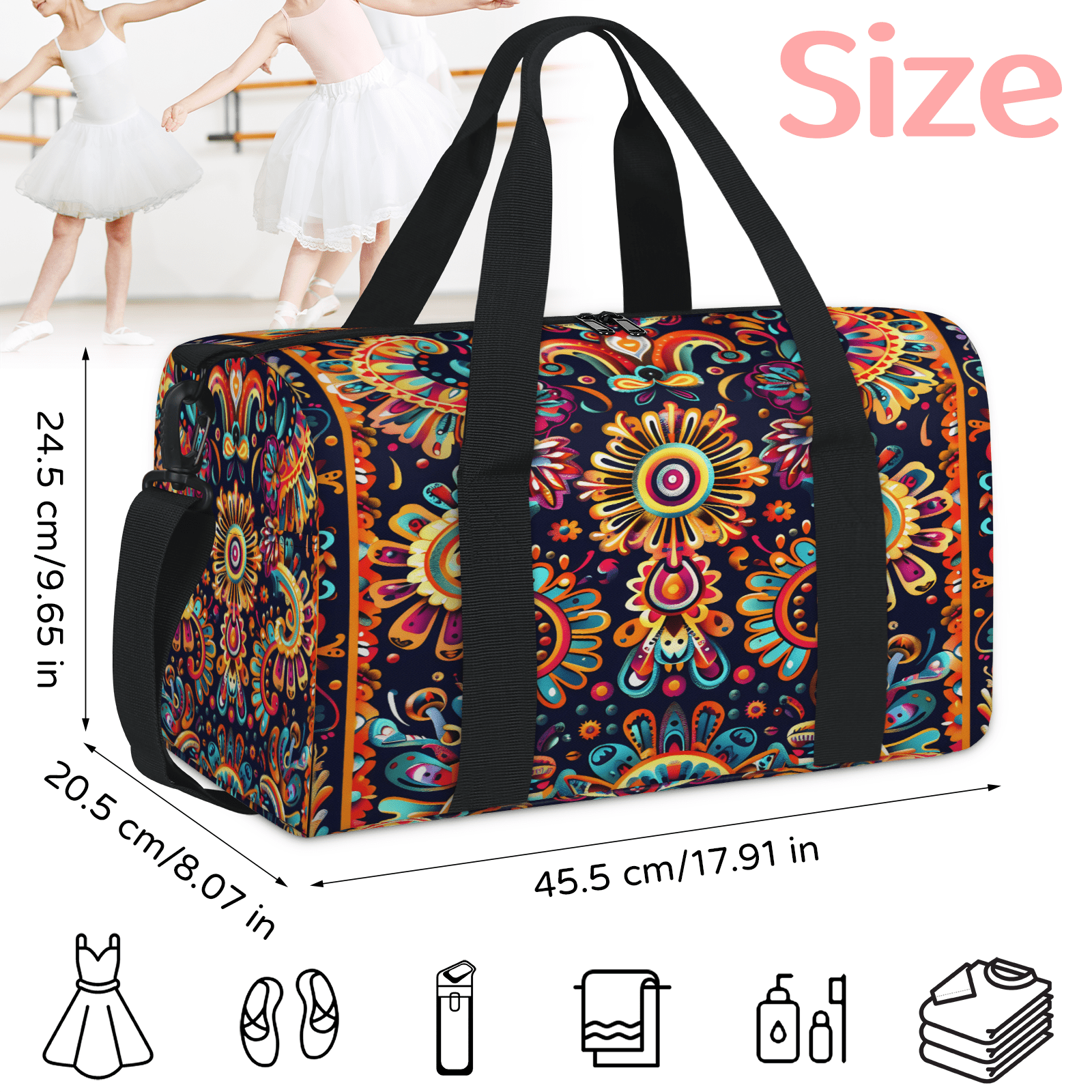Herdesigns Mexica Flower Floral Gym Bag for Women, Duffle Bag for Travel Sport, Lightweight Waterproof Carry on Weekender Overnight Dance Yoga Workout Bags
