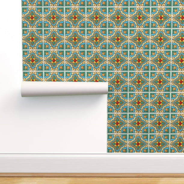 PeelandStick Removable Wallpaper Mexican Tiles Blue Green Gold