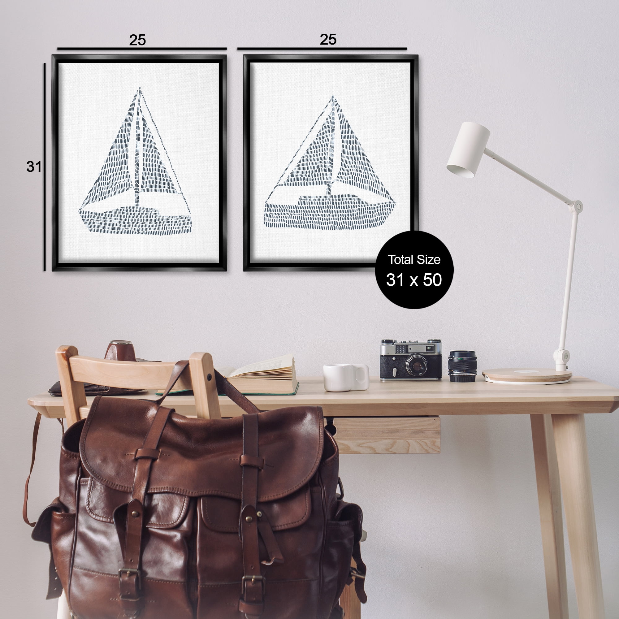 Stupell Industries Simple Lines Nautical Sailboats Nautical & Beach Painting Black Floater Framed Canvas Art Print Wall Art, 31 x 25, Set of 2