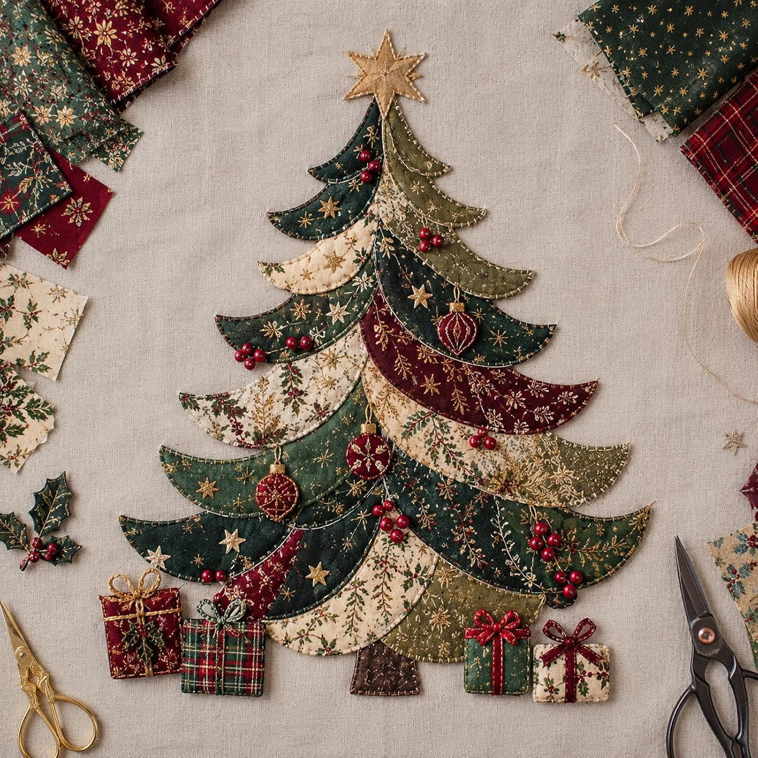 Christmas Patchwork Fabric DIY Decor Kit Sewing Craft Set with Pre Cut Fabric Pieces Rustic Farmhouse Wall Hanging Ornament Making Supplies for Seasonal Home Decoration (M)