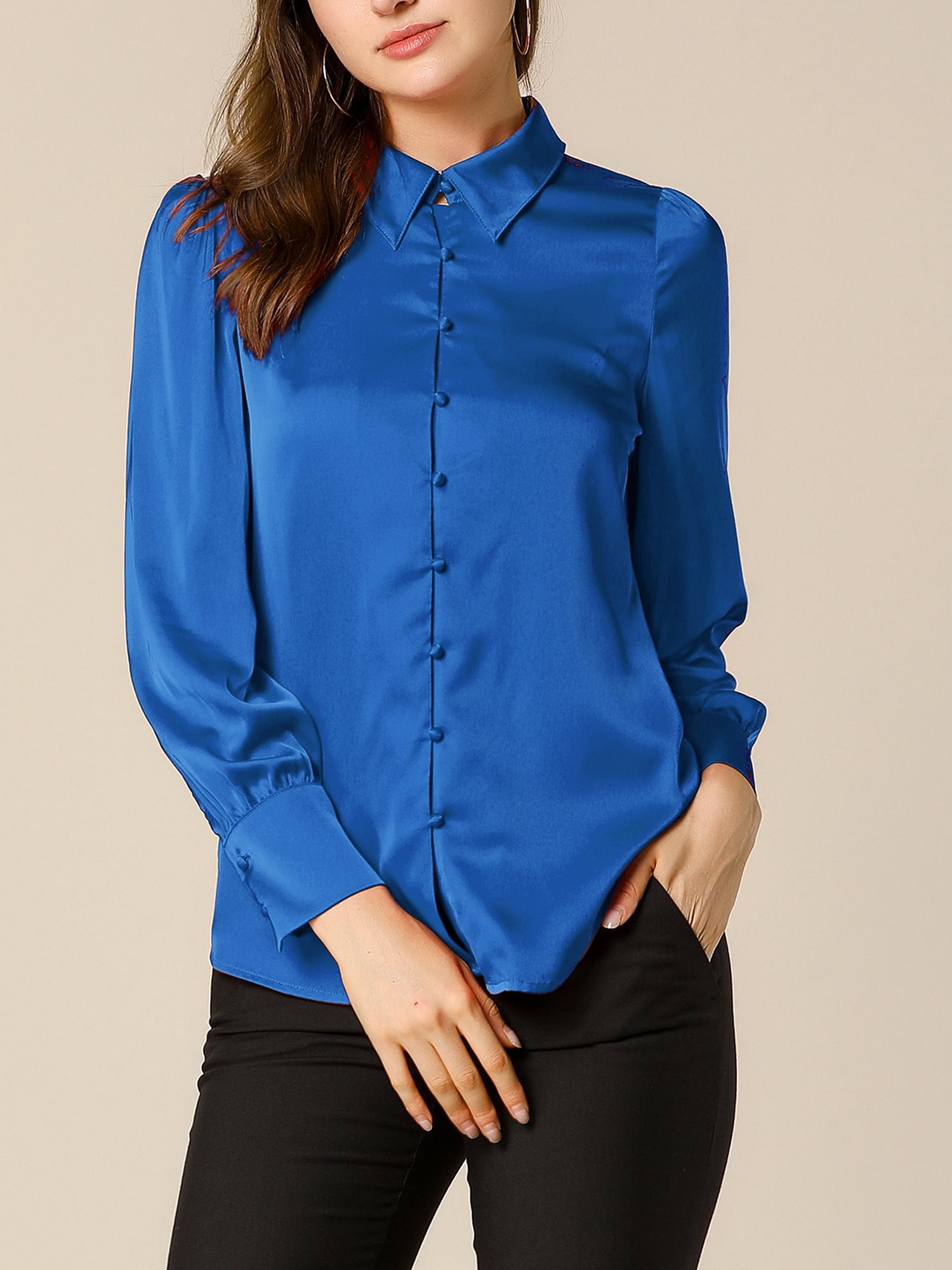 DARING DIVA Women's Satin Blouse Puff Long Sleeve Collared Button Down Shirt M Royal Blue