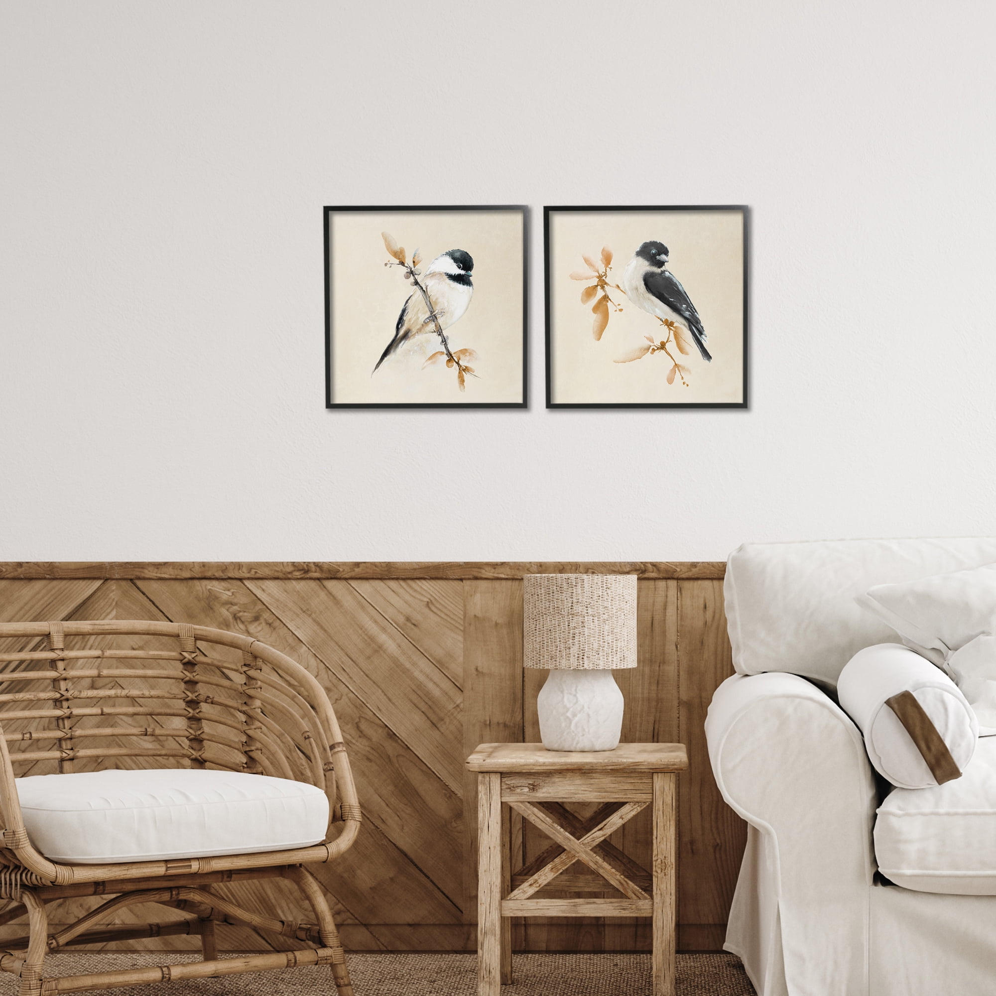 Stupell Industries Muted Chickadees on Beige 2 Piece Black Framed Giclee Art Set, design by Diannart