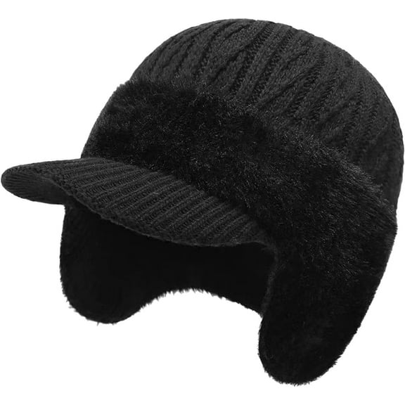 Winter Beanie with Brim Ear Flaps for Men Women, Warm Fleece Lined Knit Hat Stocking Caps for for The Cold Weather