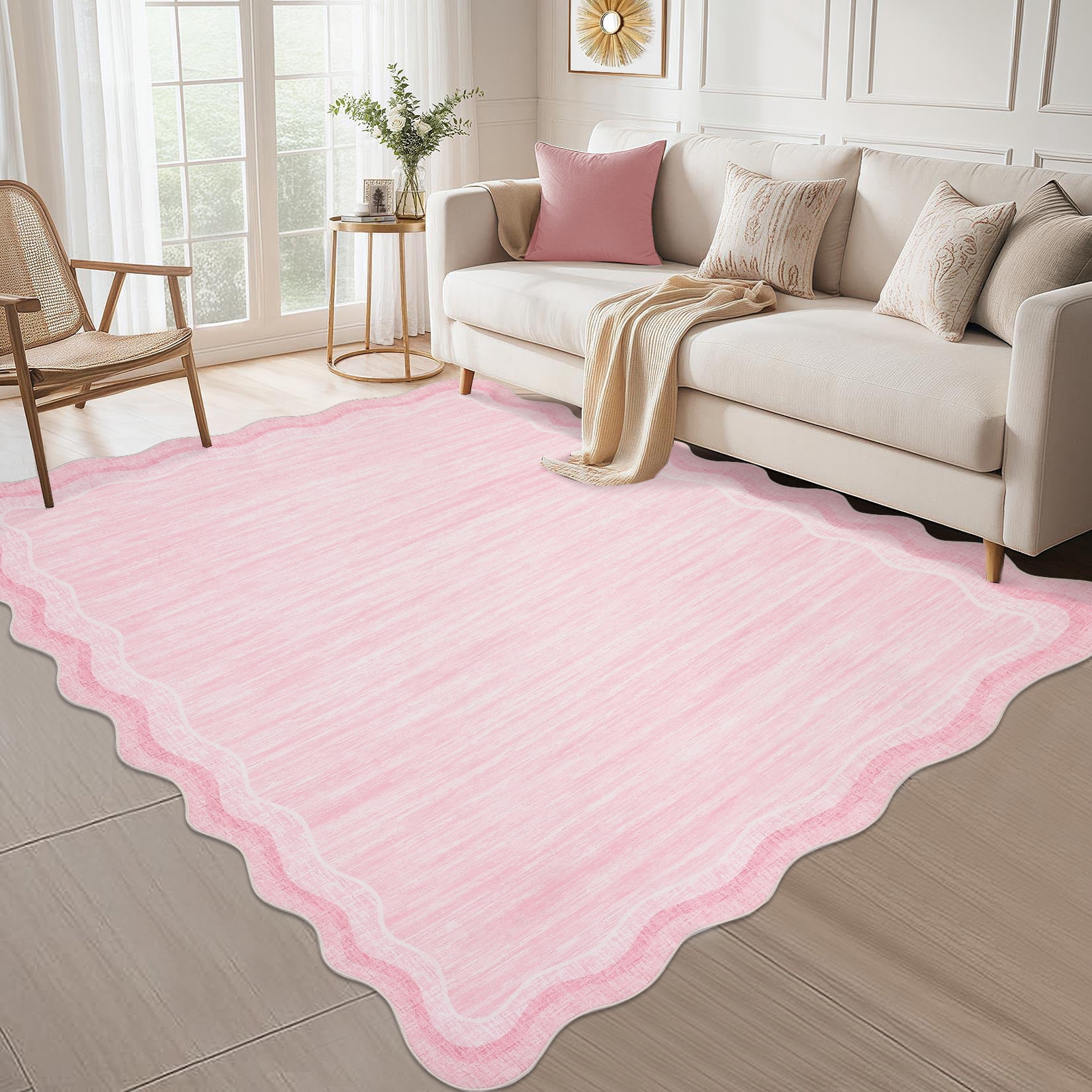 Large Scalloped Area Rugs 9x12 Washable Modern Living Room Rug with Non-Slip Backing, Contemporary Low Pile Accent Carpet, Stain-Resistant Foldable Floor Cover for Dining Room, Beige