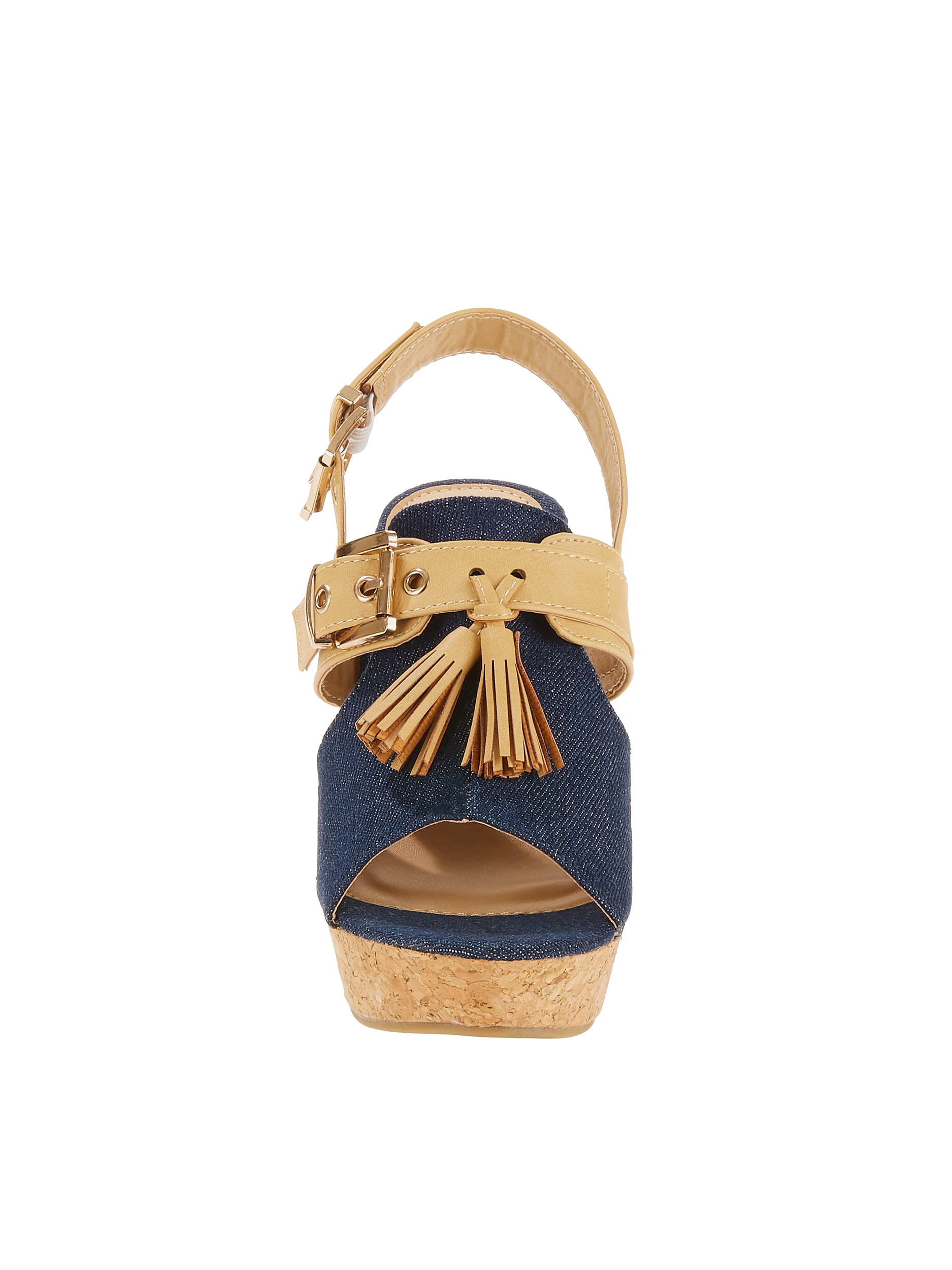 Forever Young Women's Denim Embellishment Wedges with Contrast Straps, Buckles and Tassels