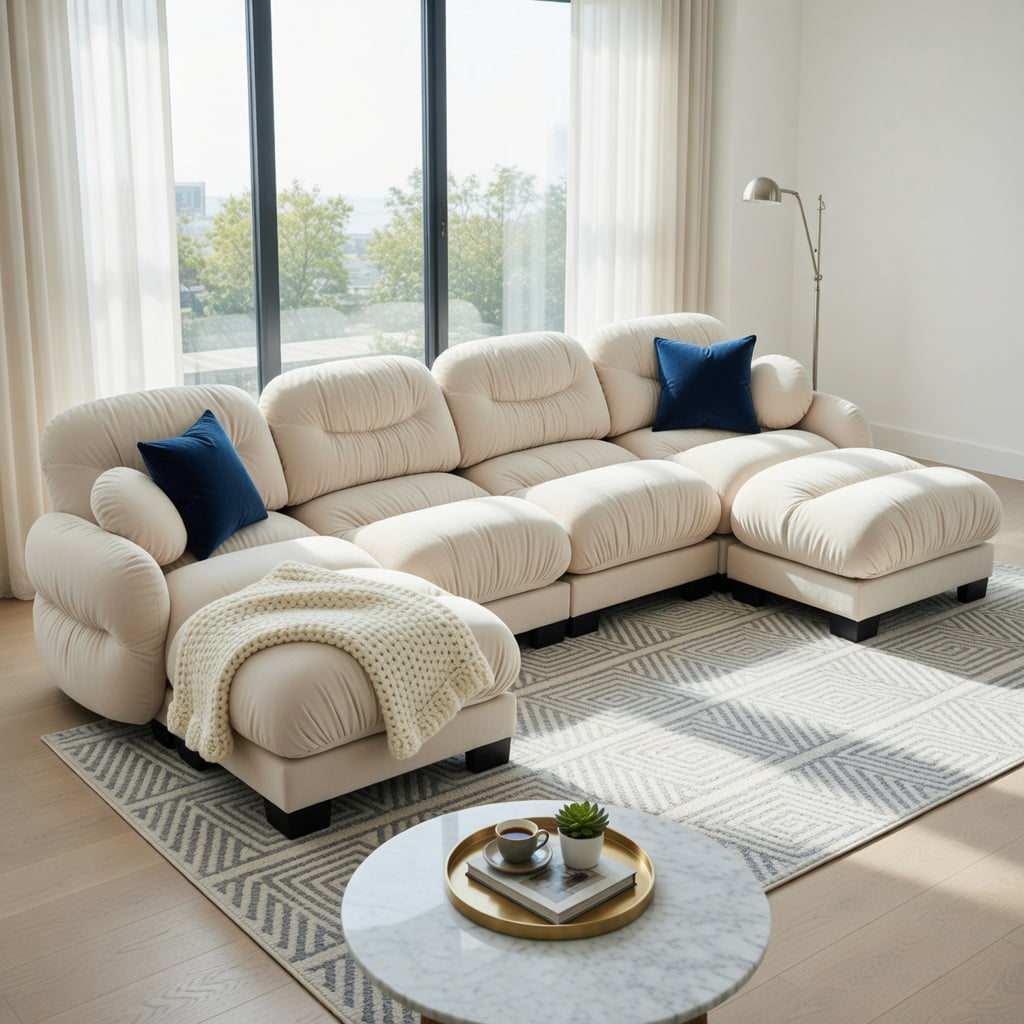 Hommoo Chenille U-Shaped Modular Sectional Sofa with Ergonomic Foam, 4-Seat Pleated Design + 2 Ottomans & 2 Round Throw Pillows, Beige