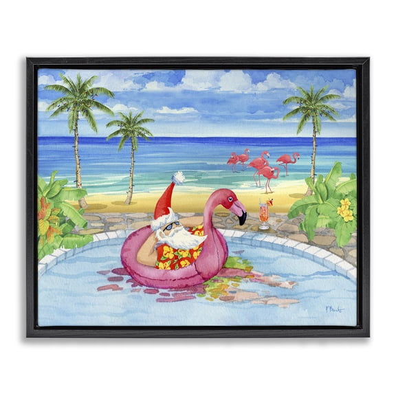 Stupell Industries Santa with Pool Float Holiday Painting Black Floater Framed Canvas Art Prints Wall Art, 21 x 17