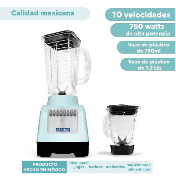Licuadora Bartech 750W 10 Velocidades con 2 Vasos Plástico 1.2L y 750 ml Menta